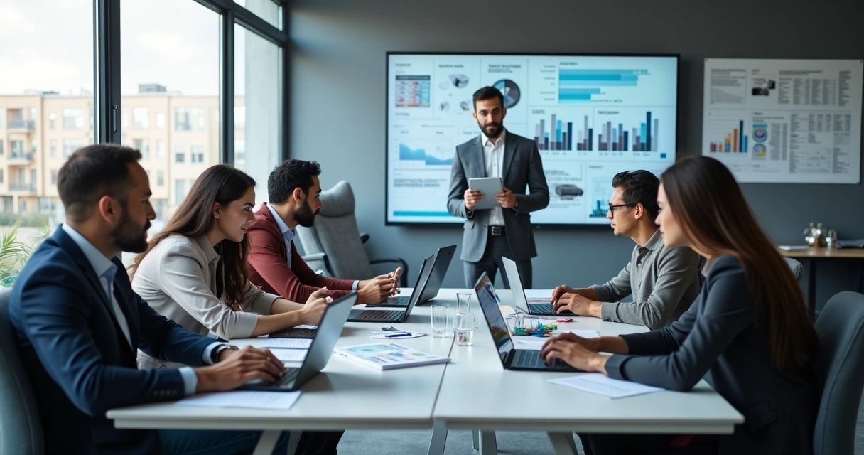 Equipe multidisciplinar trabalhando com estratégias de marketing industrial em escritório moderno